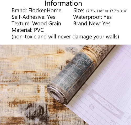 Miniatura 2 de Papel tapiz de madera de 17.7 x 472 pulgadas, papel de contacto de madera marrón azul, extraíble, autoadhesivo, textura de grano rústico sintético