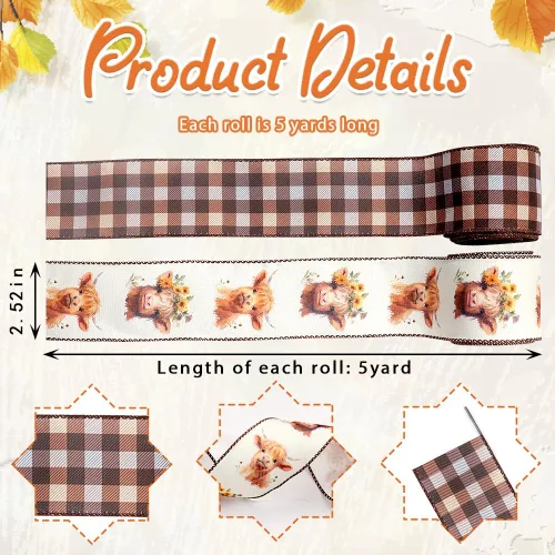Miniatura 2 de Estivaux 2 rollos de cintas de ganado alpino para manualidades, cinta de otoño con borde con alambre, cinta natural a cuadros de búfalo para otoño