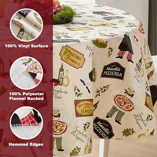 Miniatura 4 de Newbridge Mantel redondo de vinilo de 70 pulgadas con reverso de franela, chef italiano, chef italiano, para interiores y exteriores, impermeable