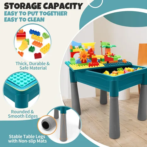 Miniatura 5 de Mesa de actividades para niños de doble cara con almacenamiento, mesa multiactividad todo en uno, 105 piezas de bloques de construcción con pista