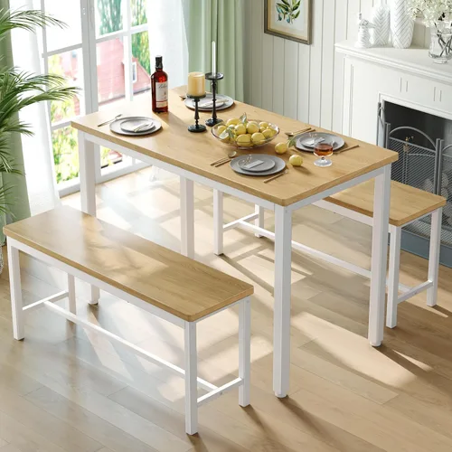 Tatub Juego de mesa de comedor para 4, mesa de cocina de 3 piezas con 2 bancos, juego de mesa de comedor que ahorra espacio para rincón de desayuno