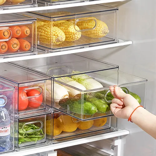 Miniatura 2 de Cajón apilable para nevera con asas, paquete de 3 recipientes grandes transparentes para alimentos con divisores extraíbles, caja de almacenamiento