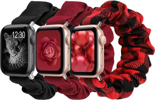 Miniatura 18 de TOYOUTHS - 3 paquetes compatibles con Apple Watch Band Scrunchies 1.496 in (38 mm) tela suave patrón impreso pulsera de tela para mujer iWatch