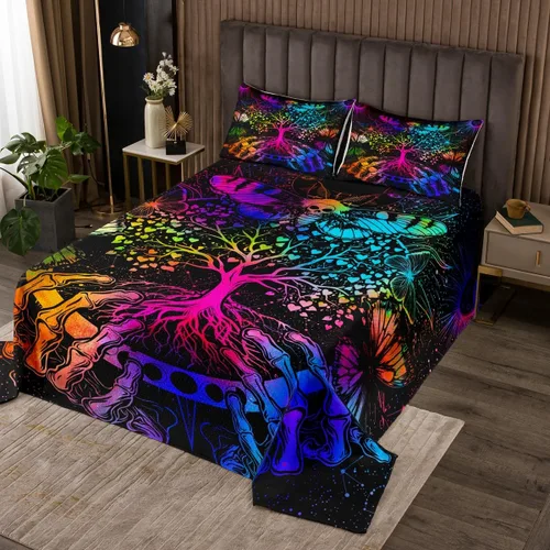 Miniatura 27 de Erosebridal Juego de colcha de teñido anudado arcoíris, juego de ropa de cama bohemio de calavera de la muerte, juego de ropa de cama tamaño King
