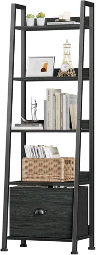 Furologee Estantería de escalera con cajón, estante industrial de 5 niveles, estantes de almacenamiento abiertos para libros, CD, fotos, estantería