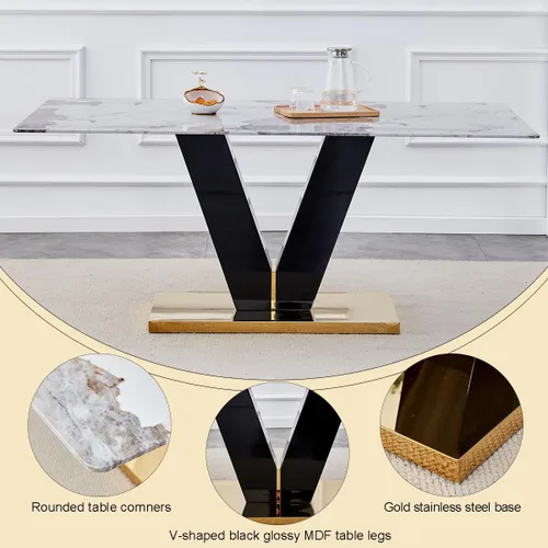 Miniatura 4 de Juego de mesa de comedor para mesa de comedor de mármol de 6,71 pulgadas, mesa de cocina moderna con 6 sillas de piel sintética, juego de mesa
