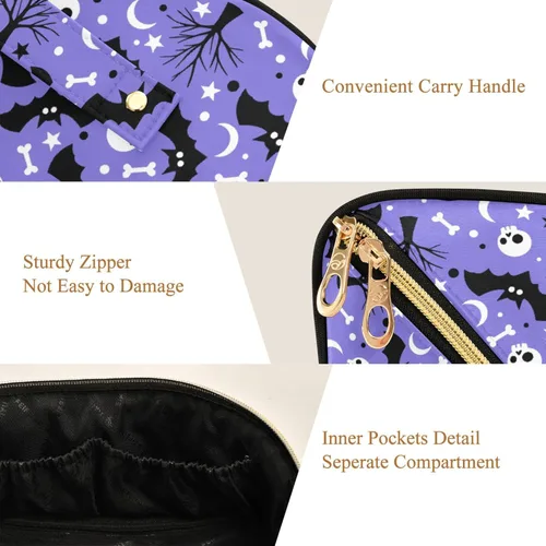 Miniatura 6 de Bolsa Organizadora de Maquillaje, Bolsa de Maquillaje de Halloween con Murciélagos Negros y Cielo Nocturno con Estrellas, Bolsa de Maquillaje