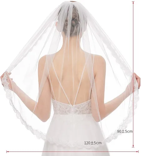 Miniatura 5 de Velo de novia de una sola capa, borde de encaje, velo de novia beige con peine de metal para boda, despedida de soltera, fiesta, 35.4 pulgadas