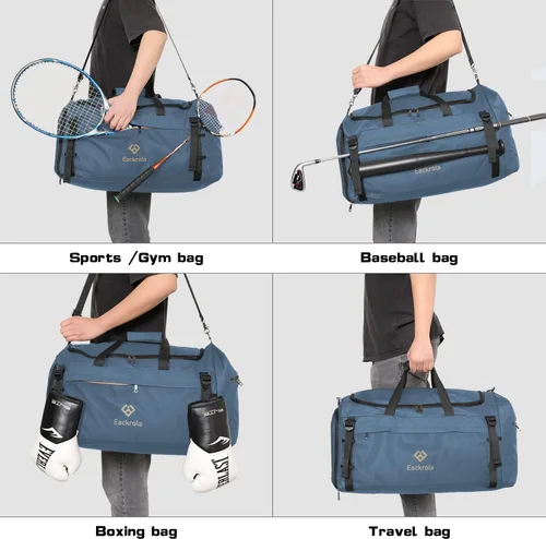 Miniatura 5 de Eackrola Bolsas de gimnasio para hombre con compartimento para zapatos, bolsa de lona deportiva con bolsillo húmedo para mujer, 65 L, Azul Niebla