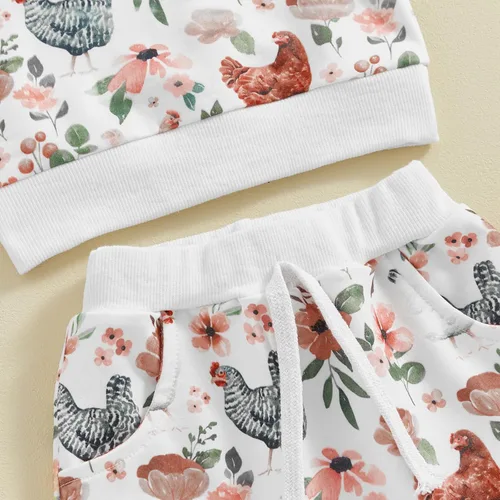 Miniatura 6 de SHUING Sudadera de manga larga con estampado de pollitos y flores, 2 piezas, ropa de otoño e invierno