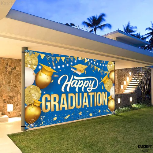 Miniatura 8 de Katchon, Cartel de feliz graduación dorado y azul – Xtralarge, 72 x 44 pulgadas Fondo de graduación 2026, decoraciones de graduación clase de 2026