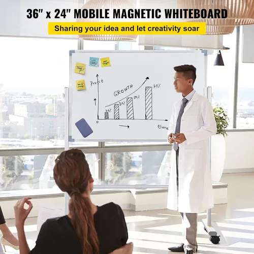 Miniatura 2 de VEVOR Pizarra blanca magnética móvil, 36 x 24 pulgadas, doble cara, pizarra de borrado en seco reversible de 360 grados, altura ajustable con marco