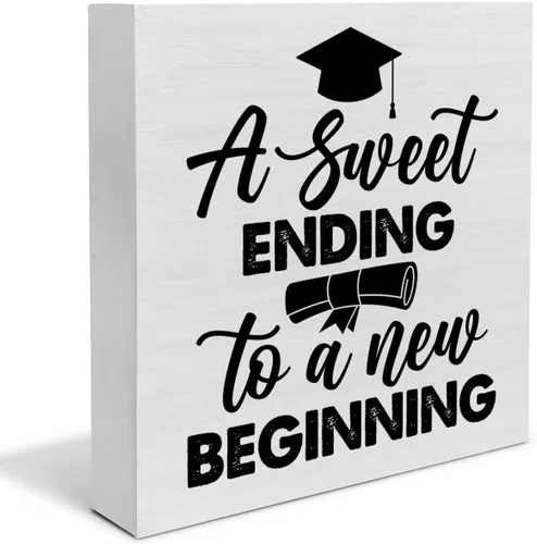 Letrero de madera para decoración de escritorio con texto en inglés "Graduate a Sweet Ending to a New Beginning", caja de madera rústica, decoración