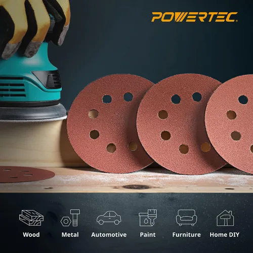 Miniatura 2 de POWERTEC Paquete de 50, 120 granos, discos de lijado de 5 pulgadas, con gancho y bucle, discos de papel de lija de óxido de aluminio de 5 pulgadas
