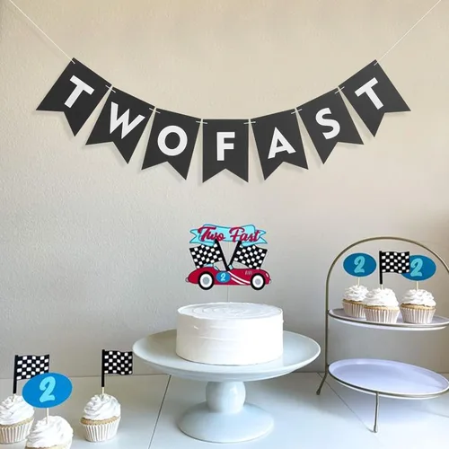 Miniatura 4 de Cartel para silla alta de dos autos de carreras rápidas, decoración de fiesta de cumpleaños de carreras rápidas, pancarta de segundo cumpleaños