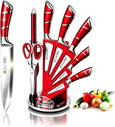 Miniatura 8 de Juego de cuchillos de cocina rosados, 9 piezas, antiadherentes, afilados, de acero inoxidable de alto carbono con bloque acrílico, perfecto