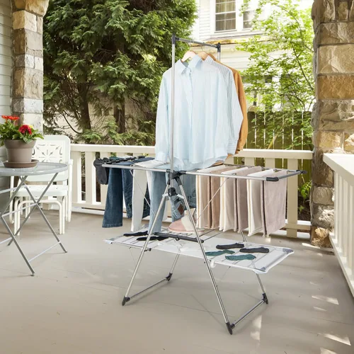 Miniatura 9 de Tangkula Estante de secado de ropa plegable, estante de secado de ropa de 2 niveles con barra colgante alta, ala de gaviota ajustable en altura