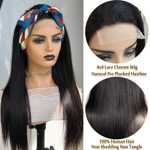 Miniatura 5 de Pelucas de cabello humano con cierre de encaje 4x4, densidad del 180%, sin pegamento, lacio, 12A, cabello virgen brasileño con encaje frontal