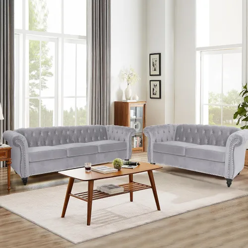 Miniatura 7 de QHITTY Juego de 2 piezas para sala de estar, Sofá Seccional Chesterfield Silla Contemporáneo Tapizado de Terciopelo Loveseat Juego de Sofás