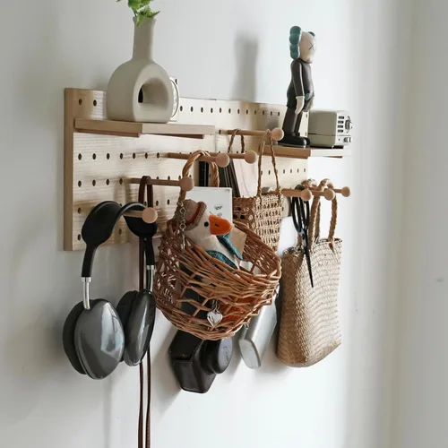 Miniatura 19 de Tablero de Clavijas de Madera Modular para Exhibición Organización Almacenamiento Ganchos de Pared Estante (Color: Roble)