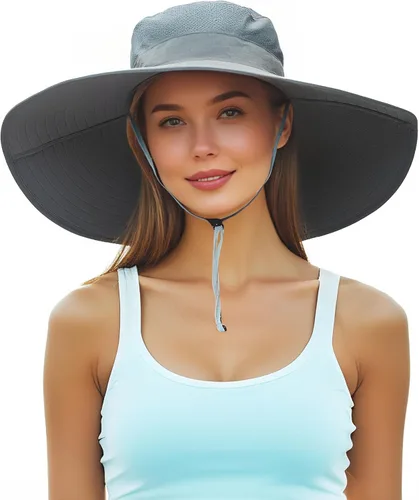 Miniatura 8 de Sombrero de ala súper ancha, protección UPF 50+, sombrero de pescador impermeable para pesca, senderismo, campamento, nailon transpirable y malla