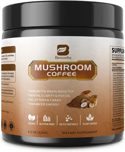 Miniatura 9 de B BEWORTHS Café en polvo de hongos con aceite MCT, 10 hongos melena de león, cola de pavo, reishi, cordyceps y chaga - Café instantáneo de hongos