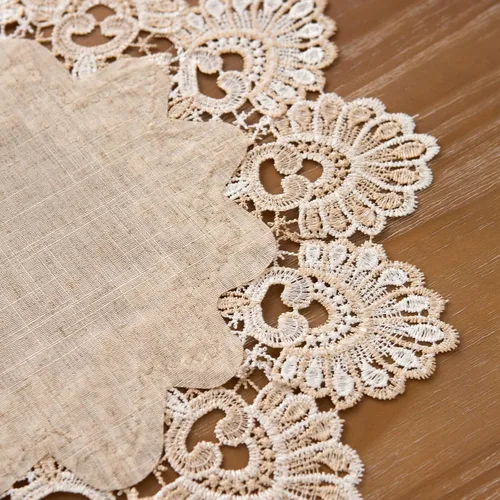 Miniatura 5 de Manteles europeos de encaje jacquard antiguo, pequeño, de lino bordado de granja, bufanda, mantel rústico (forma de flor, diámetro de 15.7 pulgadas)