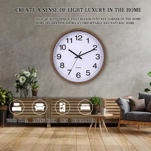 Miniatura 6 de Reloj de pared con marco de madera de 12 pulgadas, cubierta de vidrio, número sin tictac, cuarzo, diseño moderno de cuarzo, decorativo, dormitorio