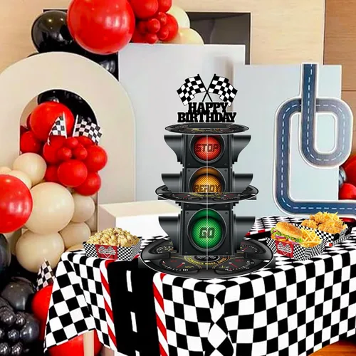 Miniatura 5 de Soporte redondo de 3 niveles para cupcakes con tema de luz de señal, soporte para postres con temática de coche, decoración de fiesta de cumpleaños