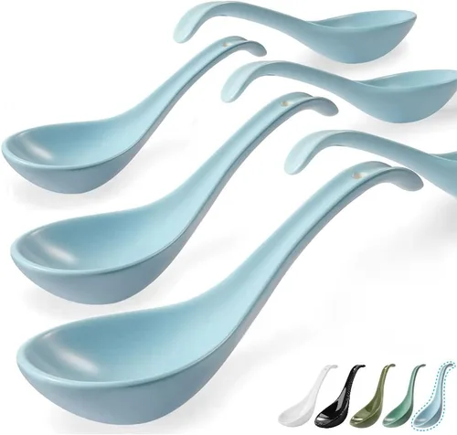 Miniatura 11 de Artena Juego de 6 cucharas de sopa asiática de 6.75 pulgadas, cuchara de sopa japonesa de porcelana ultrafina, cucharas de ramen negras para fideos