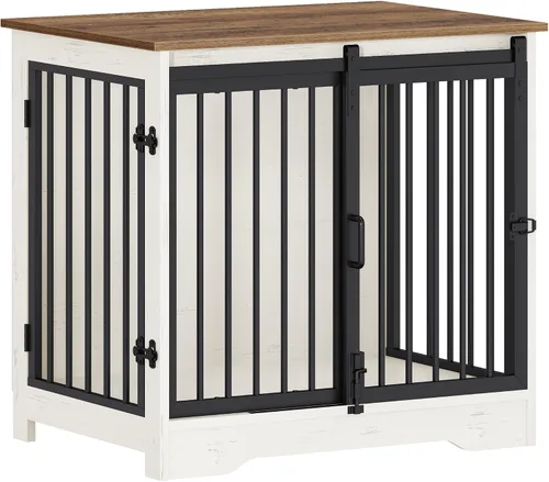 Miniatura 9 de Hzuaneri Mueble de jaula para perros de 27.2 pulgadas con puerta de granero, perrera resistente para interiores con 2 puertas, mesa auxiliar