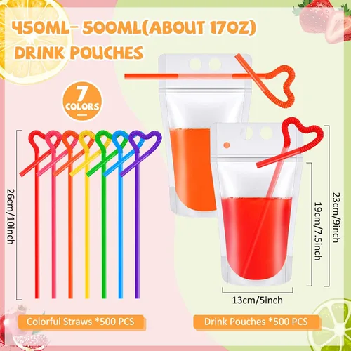 Miniatura 2 de Tessco for you 10 bolsas de plástico de verano para bebidas con pajitas, bolsas de mano translúcidas resellables de 17 onzas, bolsas portátiles