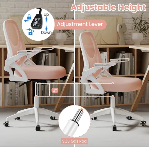 Miniatura 7 de COSTWAY Silla de oficina, cómoda silla giratoria de escritorio con altura ajustable y reposabrazos abatibles, sillas ergonómicas de malla para Rosa