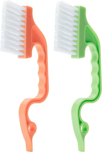 Slick- Cepillo de limpieza de riel de ventana, paquete de 2, mango ergonómico naranja/verde, raspador integrado, multiusos, herramientas de limpieza