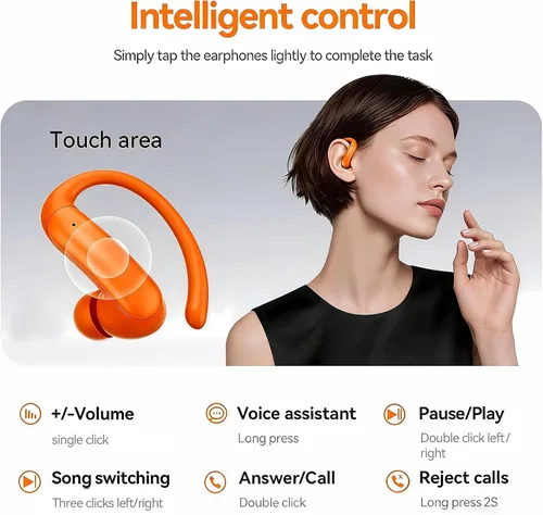 Miniatura 7 de Auriculares inalámbricos de oído abierto Bluetooth 6.0, auriculares deportivos de reproducción de 5 horas con estuche de carga, gancho para colocar