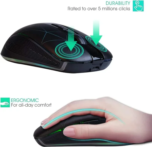 Miniatura 4 de Rii Ratón inalámbrico RM200 2.4G con receptor nano USB, mouse recargable de 5 botones, mouse RGB retroiluminado colorido para juegos para portátil