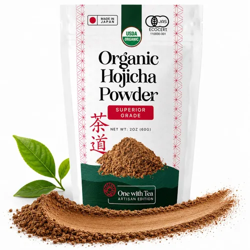 One With Tea Polvo de Hojicha orgánico, polvo de té verde japonés tostado, molido en piedra, bajo en cafeína, sabor suave, 2 oz (60 g), perfecto