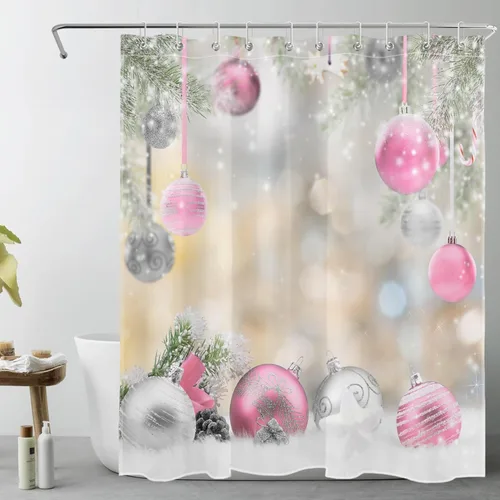 Miniatura 11 de LB Winter Christmas Shower Curtain Sets with Rugs Silver and Light Blue Xmas Ball in Winter Snow Scene Fabric Shower Curtain with Hooks New Year