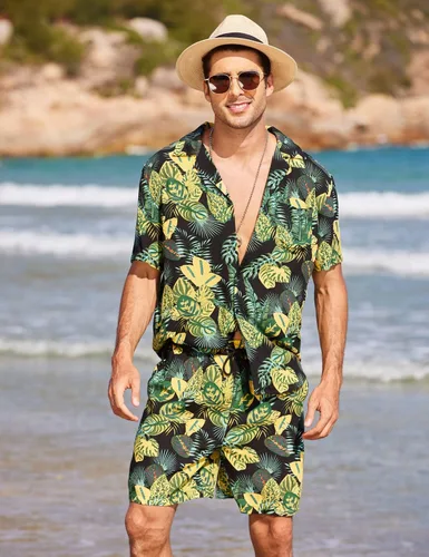 Miniatura 2 de COOFANDY Conjunto de camisa hawaiana para hombre, diseño floral, cuello cubano, con botones