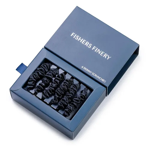Fishers Finery 25 Momme - Coleteros de seda morera pura, color negro, ligas para el cabello de seda delgada (6 unidades, color negro)