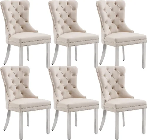Miniatura 9 de KCC Juego de 2 sillas de comedor tapizadas de terciopelo, modernas sillas capitoné con botones con anillo de cabeza de león y patas de acero Patas
