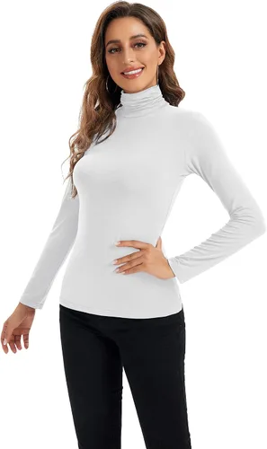 Miniatura 7 de HoneyEcho Camiseta de manga larga con cuello alto para mujer, suave, elástica, capa base ajustada.
