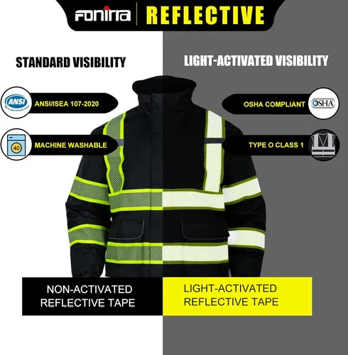 Miniatura 6 de FONIRRA Chaquetas de seguridad de alta visibilidad con forro polar, chaqueta impermeable reflectante ANSI Clase 3 para hombre Negro