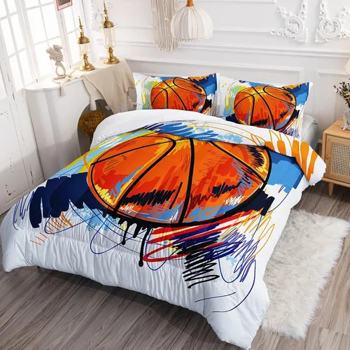 Miniatura 2 de BSNTHO Juego de edredón de baloncesto para niños, juego de ropa de cama deportiva tamaño Queen para niños y adolescentes, diseño de edredón