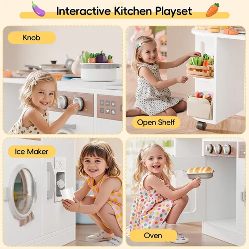 Miniatura 4 de Estación de trabajo de juego de cocina de madera con diseño giratorio de 180°, juego de cocina para niños con luces y sonidos interactivos, juego