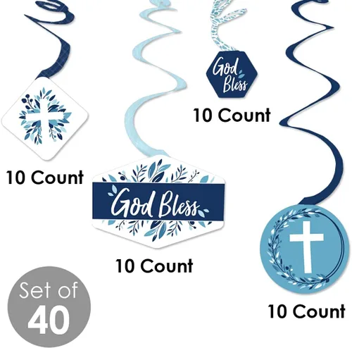 Miniatura 5 de Big Dot of Happiness Blue Elegant Cross - Decoración para colgar en fiestas religiosas para niños, remolinos de decoración de fiesta, juego de 40