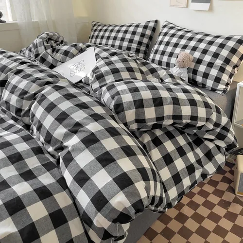 Miniatura 4 de DONEUS Juego de funda de edredón a cuadros 100% algodón lavado como lino súper suave y cómodo, juego de ropa de cama de 3 piezas a cuadros negros
