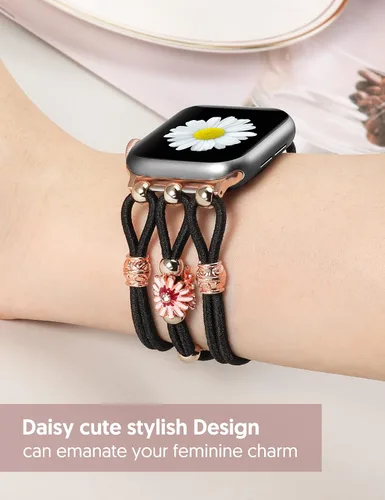 Miniatura 4 de TOYOUTHS - Pulsera floral compatible con Apple Watch de 42/41/40/38mm para mujer, correa elástica trenzada de cuentas boho, delgada y elegante