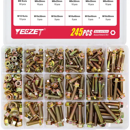 Kit de 245 tornillos y tuercas de brida de alta resistencia, grado 8.8 M6 M8 M10, tuercas hexagonales con bridas métricas, incluye 15 tamaños más