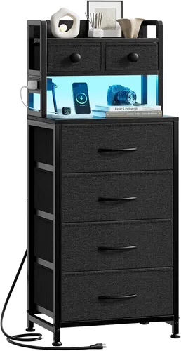 Miniatura 11 de REAHOME Mesita de noche de 41 pulgadas de alto con estación de carga, mesita de noche LED con 6 cajones de tela, mesa auxiliar de cama con estantes